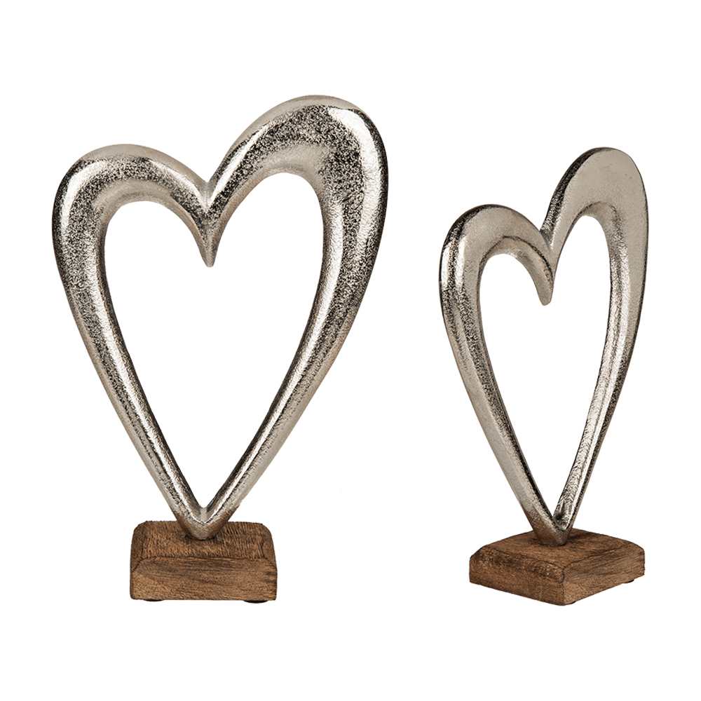 260165 Silberfarbenes Metall-Herz auf Holz-Standfuß, ca. 28 cm, 720/PAL