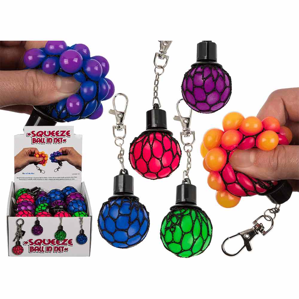 12-0926 Metall-Schlüsselanhänger, Squeeze-Ball im Netz, ca. 5 cm, 4-farbig sortiert, 24 Stück im Display, 8640/PAL
