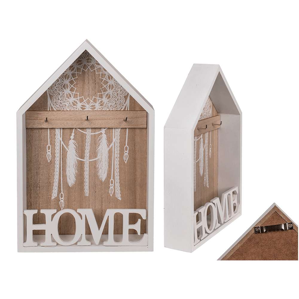 144305 Weiß/naturfarbener Holz-Schlüsselkasten, Home, mit weißem Traumfänger, ca. 30 x 20 cm, 360/PAL