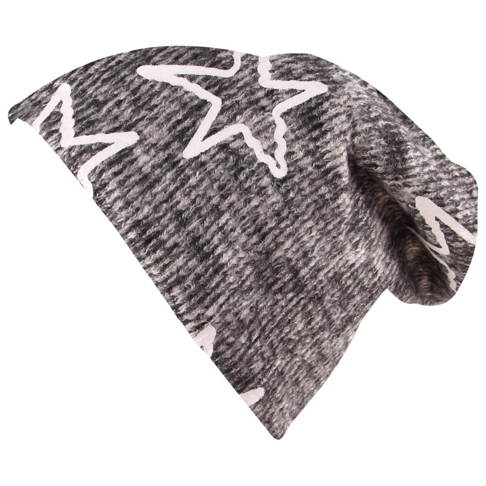 SM-420 Long Beanie Slouch Mütze grau anthrazit meliert Strickmuster Sterne weiß