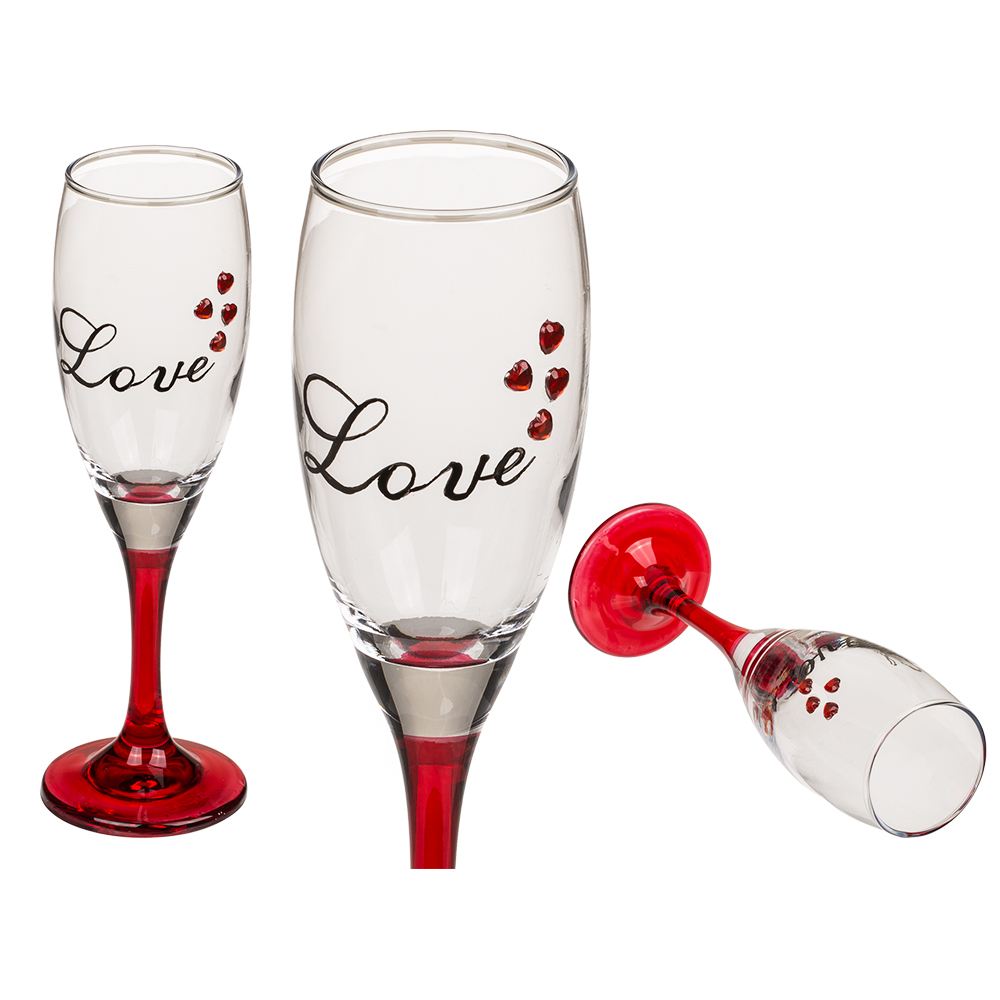 750045 Sektglas mit Herzen und rotem Sockel, Love, ca. 5 x 20 cm, 2er Set, in Kraftpapier Verpackung