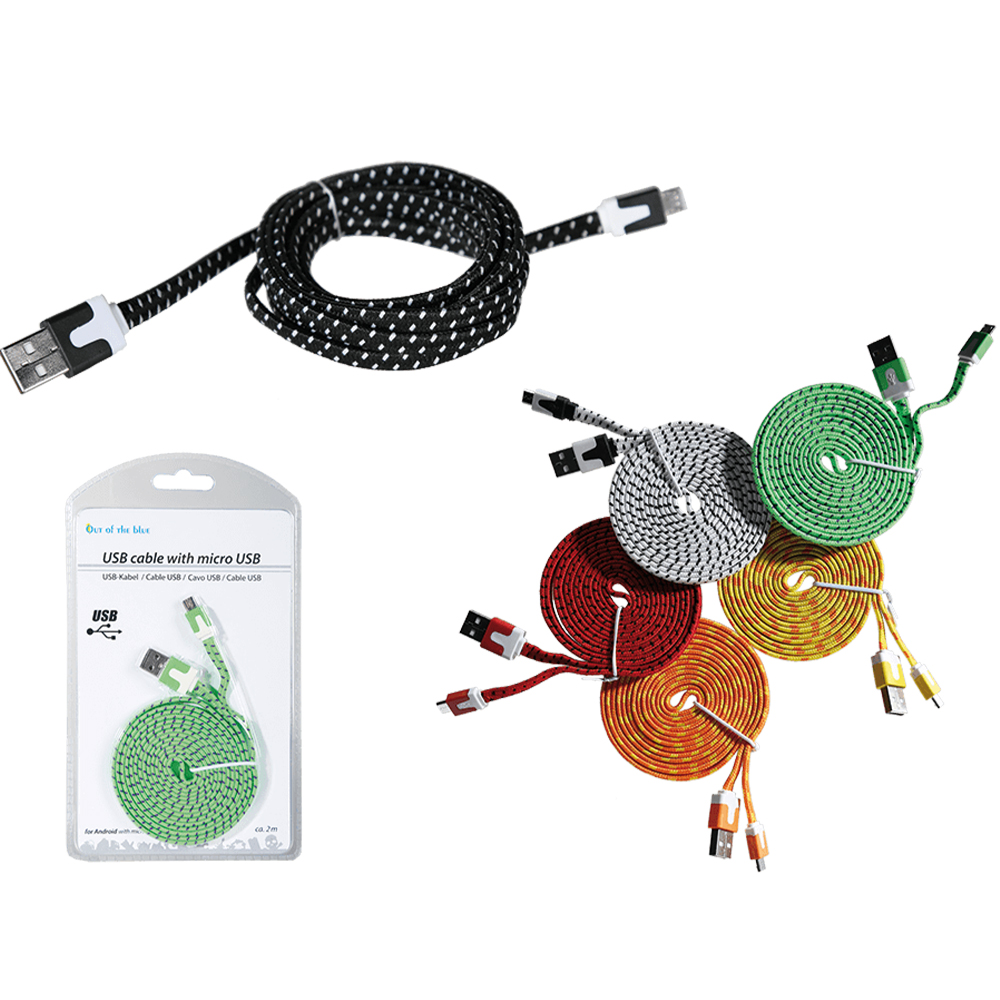 69-0066 USB & Micro-USB-Ladekabel mit Textilummantelung, L: ca. 2 m, 6-farbig sortiert, in Blisterpackung zum Aufhängen