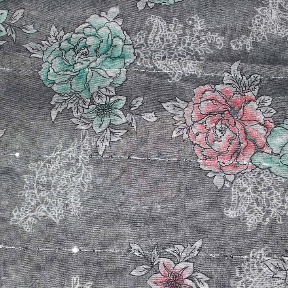 SCH-1617b Damen Loopschal mit Pailletten Paisley Linien Blumen Blüten Blätter floral grau