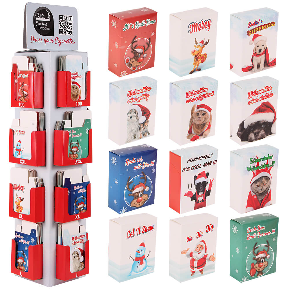 ZB-028 Display für Zigarettenhüllen aus Pappe Ausstattung: 4 Schachtelgrößen L, XL, XXL und LONG (100-er) Größe: 12 Motive á 3 Schachteln je Größe (144 Schachteln) Thema: Weihnachten