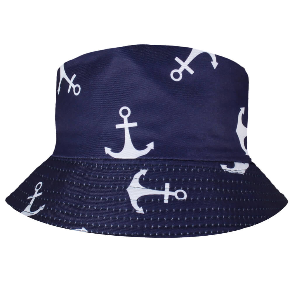 SOH-001 Bucket Hat  Wendehut Fischerhut Anglerhut Motiv: Maritim dunkelblau mit weißem Anker