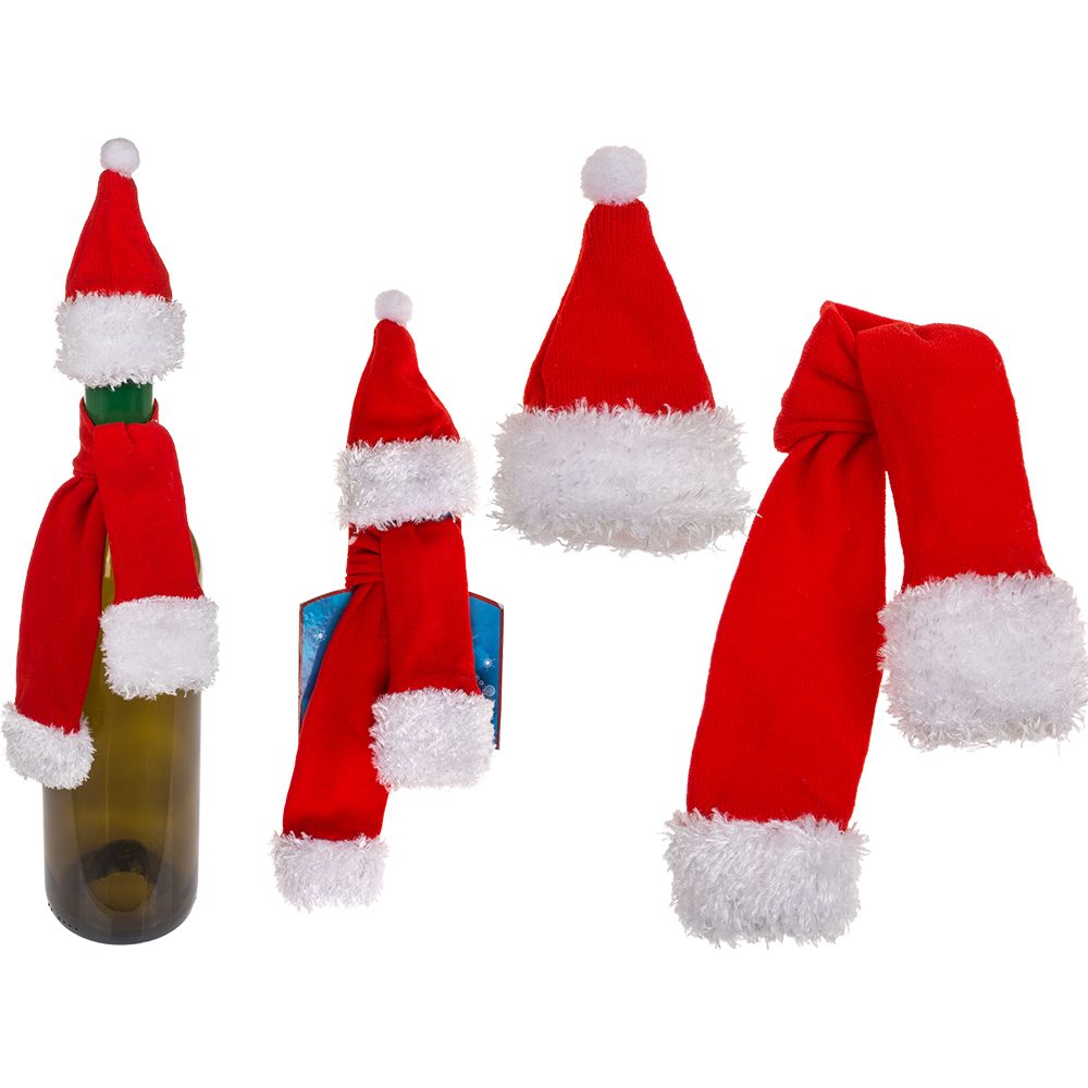 99-6099 Textil-Flaschenüberzug, Weihnachtsmütze & Schal, auf Karte, 24 Stück im Display