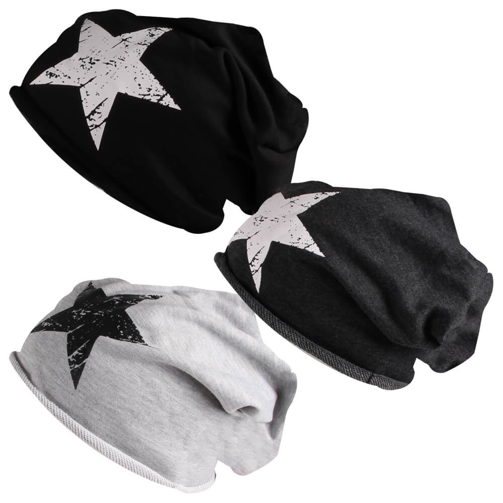 SM-460 Long Beanie Slouch Mütze schwarz weiß grau sortiert Sterne