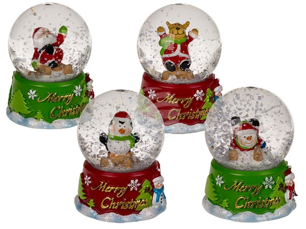 946070 Schneekugel, Weihnachtsfigur, auf rotem & grünem Sockel, Merry Christmas, ca. 4,5 x 6,5 cm, aus Polyresin, 4-fach sortiert, 12 Stück im Display, 1296/PAL