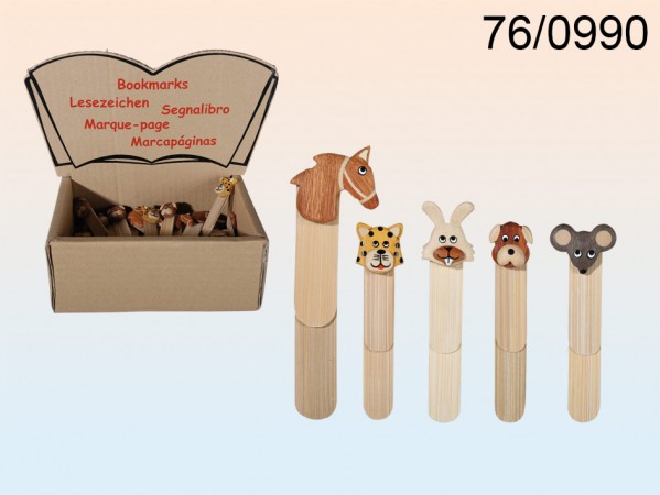 76-0990 Naturholz-Lesezeichen, Animals, ca. 9 cm, 5-fach sortiert, 48 Stück mit Display, 5184/PAL