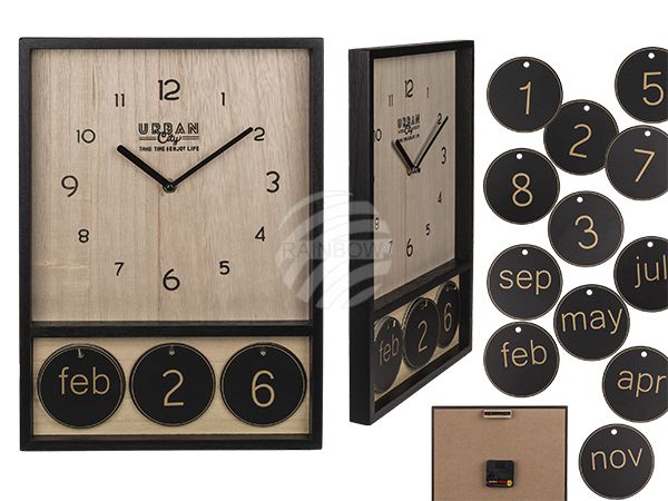 144337 Holz-Uhr mit Kalender, ca. 39,5 x 28 cm
