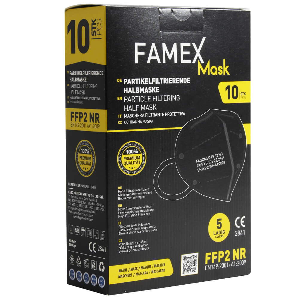 AM-030 Famex FFP2 Atemschutzmaske Mundschutz Atemmaske schwarz  10 Stück einzeln verpackt im Karton