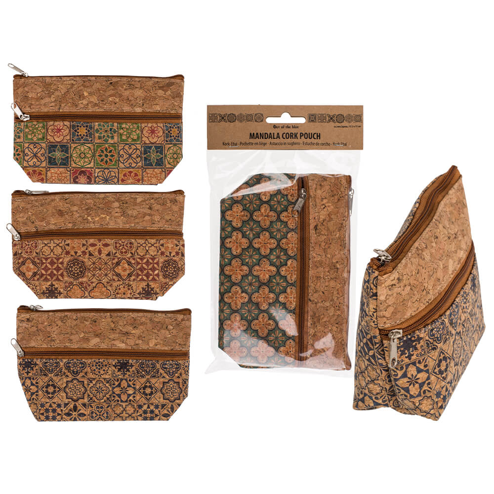 230156 Tasche, Mandala, mit Reißverschluss, aus Kork, ca. 17,5 x 11 cm, 4-fach sortiert, im Polybeutel mit Headercard