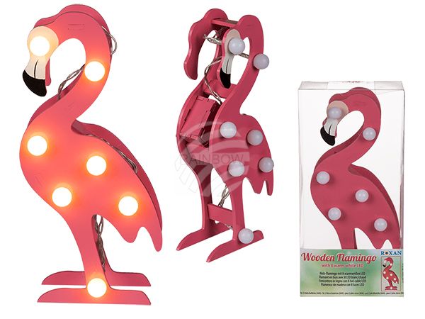 220370 Pinkfarbener Holz-Flamingo mit 8 warmweißen LED, ca. 20 x 9 cm, für 2 Micro Batterien (AAA), in PVC-Box