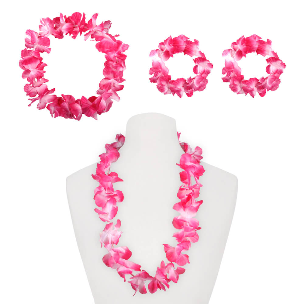 HS-09 Hawaii-Set Hawaiikette Halskette Armband Stirnband pink rosa weiß ca. 10 cm
