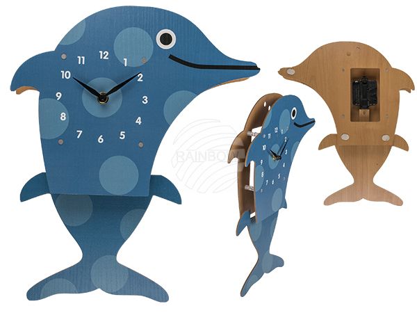 79-3288 Holz-Wanduhr für Kinder, Delfin, ca. 26,5 x 38,5 cm, für 1 Mignon Batterie (AA) im Geschenkkarton