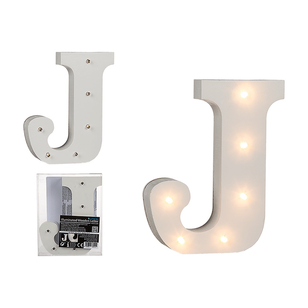57-6083 Beleuchteter Holz-Buchstabe J, mit 6 LED, ca. 16 cm, für 2 Micro Batterien (AAA) in Kunststoff-Box, 960/PAL