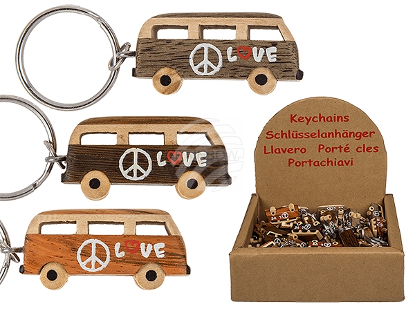 76-0987 Metall-Schlüsselanhänger, Naturholz-Hippie Bus, ca. 4 cm, 3-fach sortiert, 48 Stück im Display, 24192/PAL