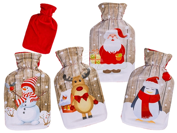 960176 Wärmflasche, Weihnachtsmann, Pinguin, Schneemann, Rentier sortiert, mit 100% Polyesterbezug, ca. 26 x 16 cm, für ca. 1 Liter Füllmenge, im Polybeutel mit Headercard