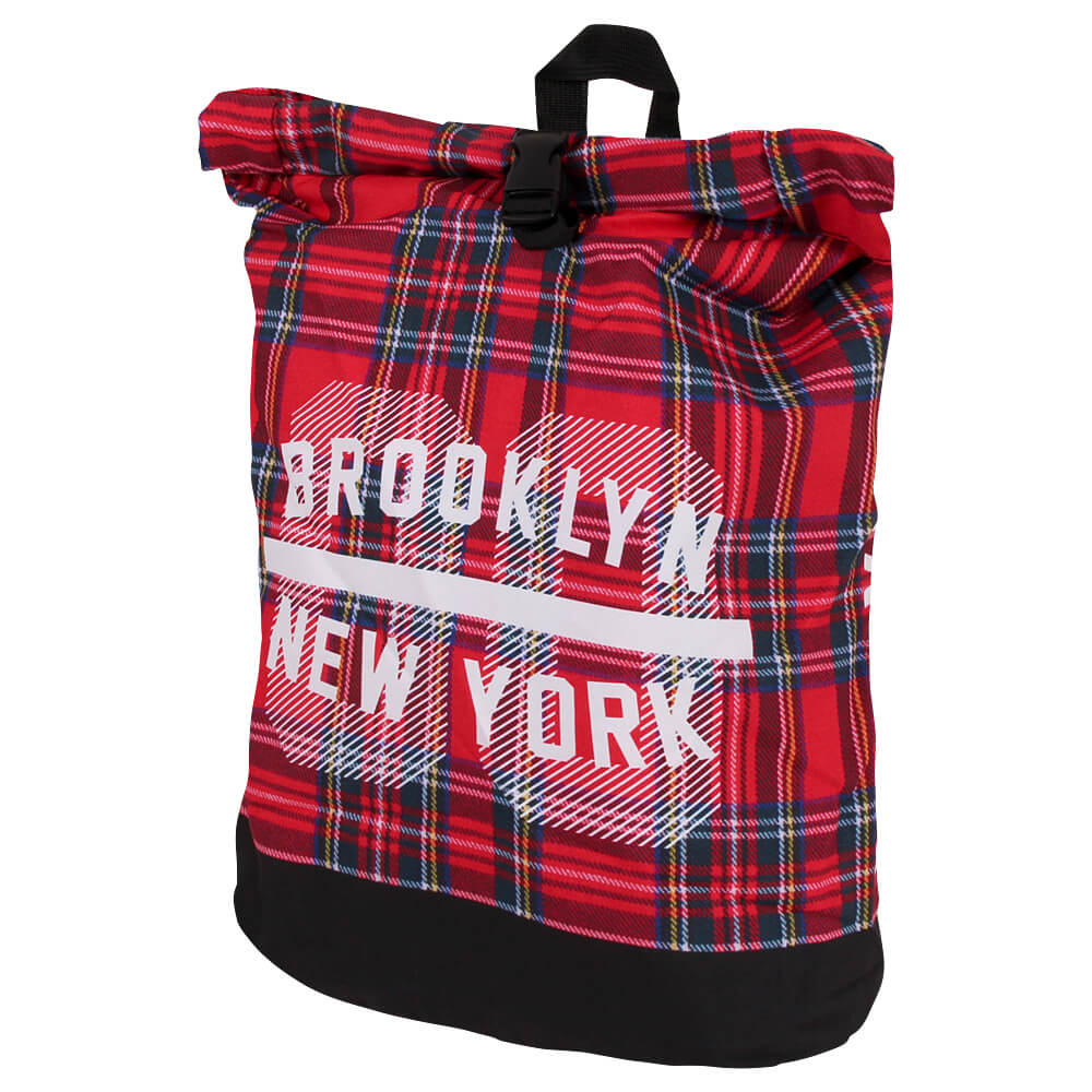 RUCK-c014 Rucksack mit Rollverschluß Tartan Muster "Brooklyn New York" rot blau weiss gelb