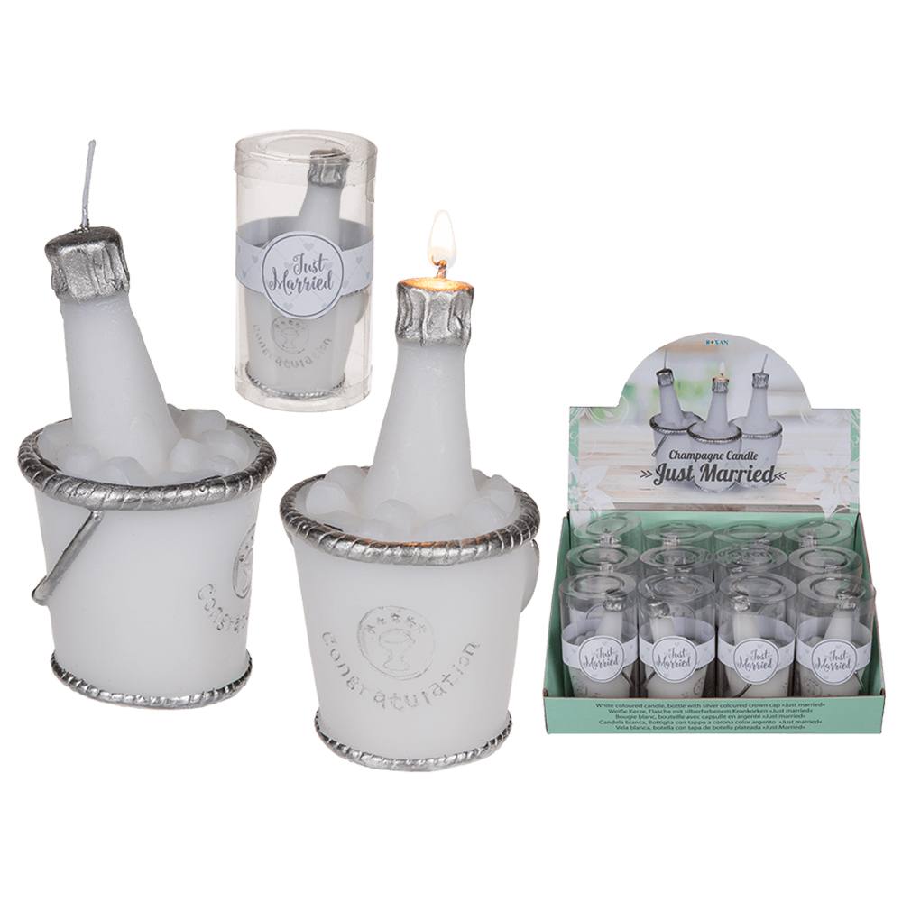 153008 Weiße Kerze, Flasche mit silberfarbenem Kronkorken, Just Married, ca. 6 x 11 cm, in PVC-Box, 12 Stück im Display, 2304/PAL