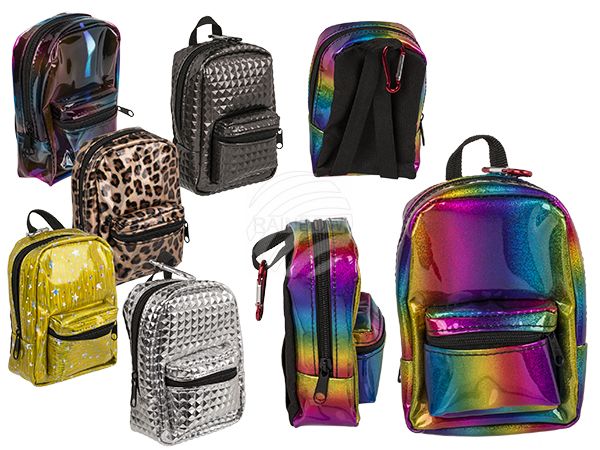 02-5052 Geldbörse, Metallic Backpack,  mit Metallschlüsselanhänger & Karabinerhaken, 6-farbig sortiert, 24 Stück mit Display