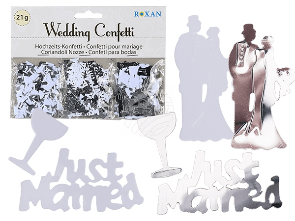 719180 Hochzeit-Konfetti, silber & weiß, ca. 21 g, 3 Sorten im Polybeutel mit Headercard