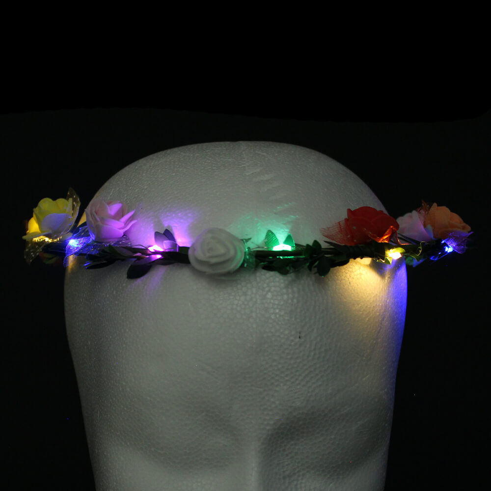 BK-56 LED Haarband Haarkranz und rot gelb orange lila weisse Rosen multicolor LED Kette