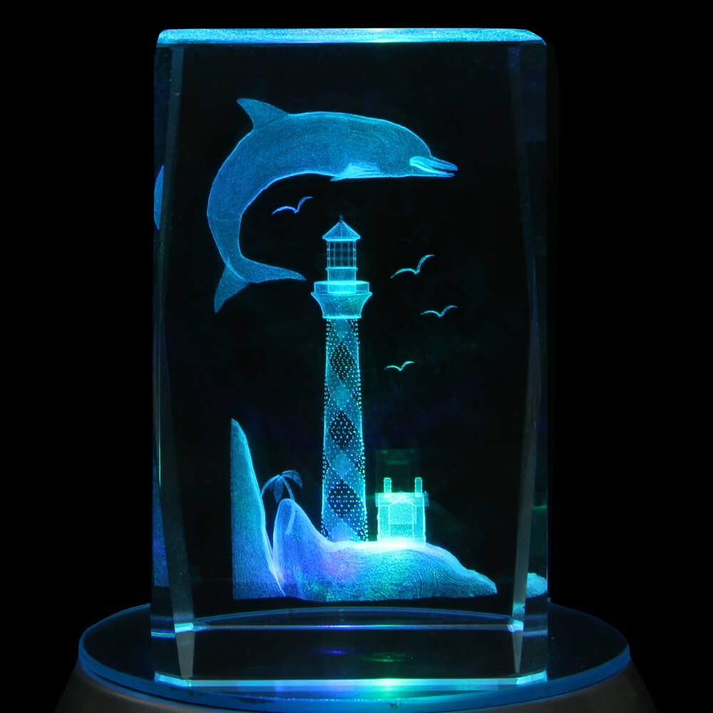 KQ-109 Kristall Quader Motiv: Delphin, Leuchtturm Farbe: klar