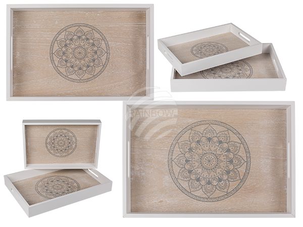144259 Weiß/naturfarbenes Holz-Tablett, Mandala, 2er Set, ca. 35 x 24 cm & 30 x 20 cm, einzelne EAN-Auszeichnung, 240/PAL