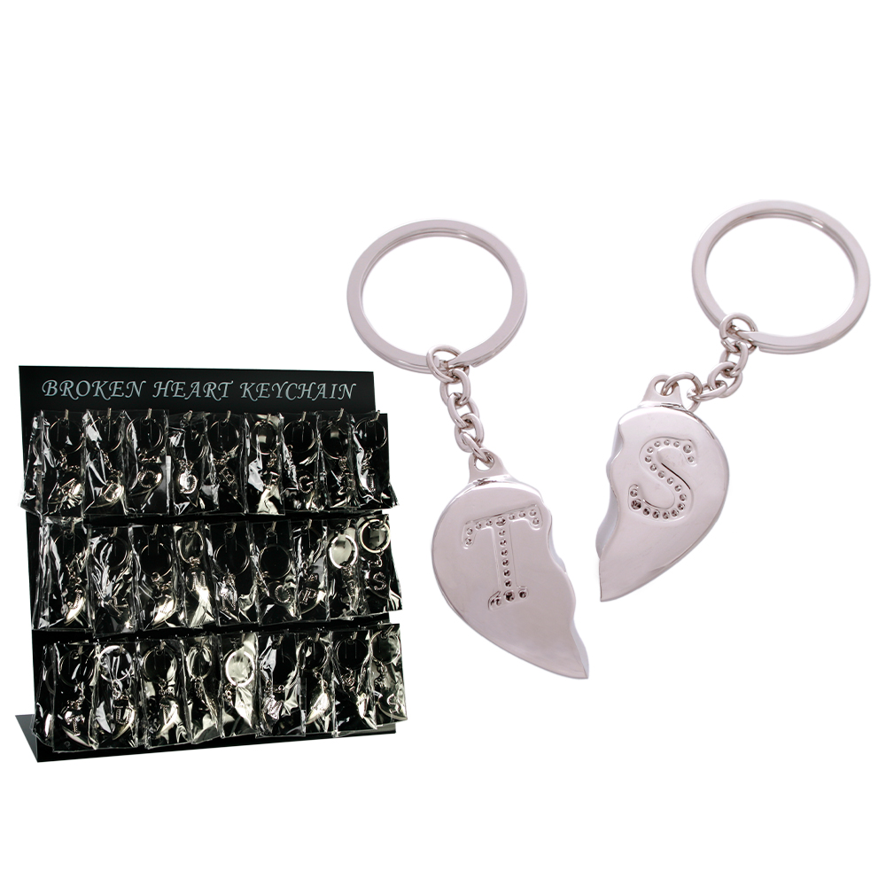 24-1037 Metall-Schlüsselanhänger, Broken Heart mit Initialien, A bis Y (beidseitig) ca. 5 cm, 144 Stück auf Display
