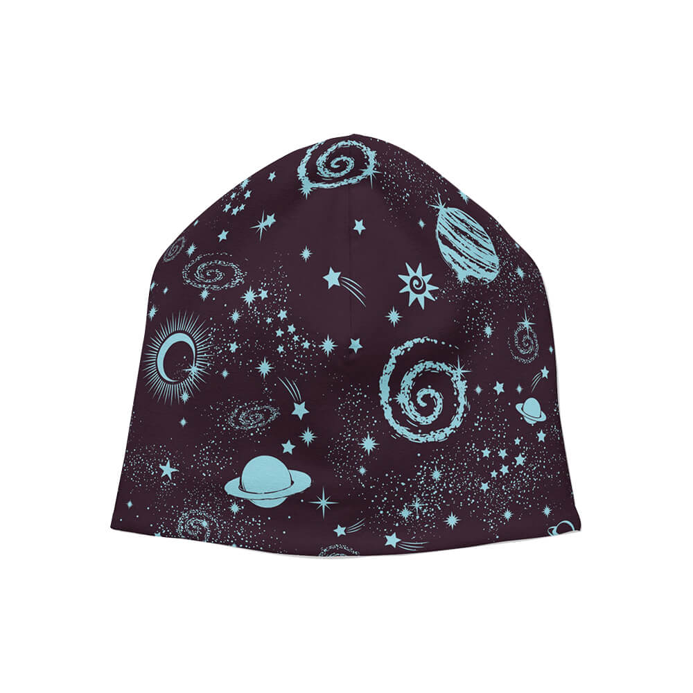 SM-323 Strickmütze Long Beanie Slouch Mütze schwarz violett Weltall Galaxien Sterne Mond Planeten
