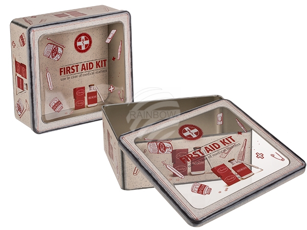 101958 Quadratische Metall-Dose mit Fenster, First Aid Kit, ca. 23 x 22 cm, 216/PAL