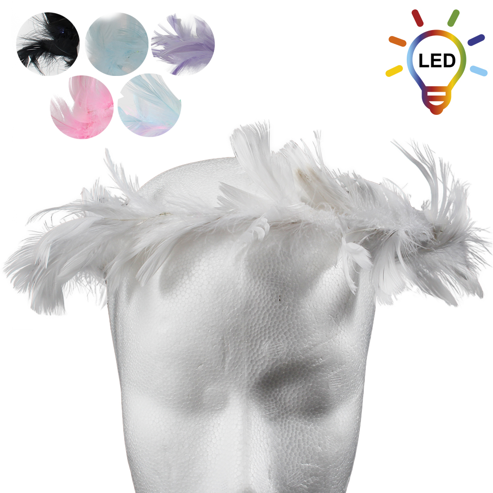BK-55 LED Haarband Haarkranz Sortierung mit weißen lila pink hellblau multicolor schwarzen Federn und LED Kette