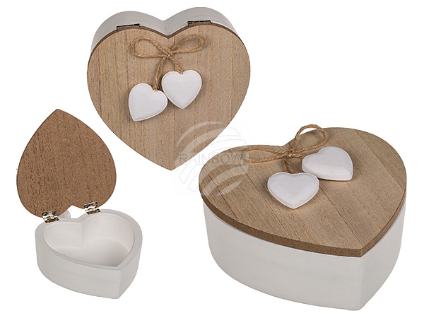 220311 Weiße Herz-Holz Dose mit Naturholz-Deckel & 2 weißen Herzen, ca. 12,5 cm, 720/PAL