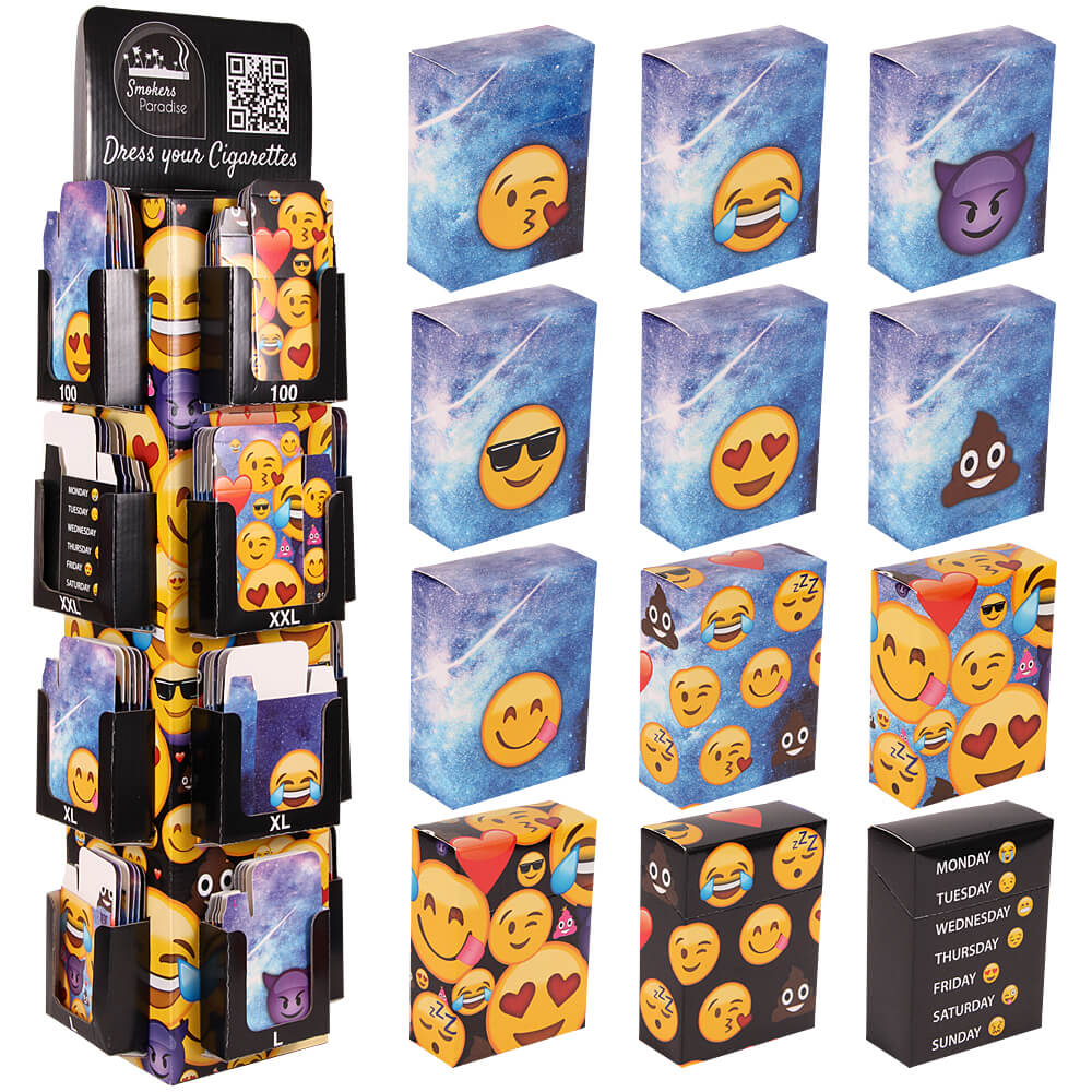 ZB-027 Display für Zigarettenhüllen aus Pappe Ausstattung: 4 Schachtelgrößen L,XL, XXL und LONG (100-er) Größe: 12 Motive á 3 Schachteln je Größe (144 Schachteln) Thema: Emoticon Emotikon