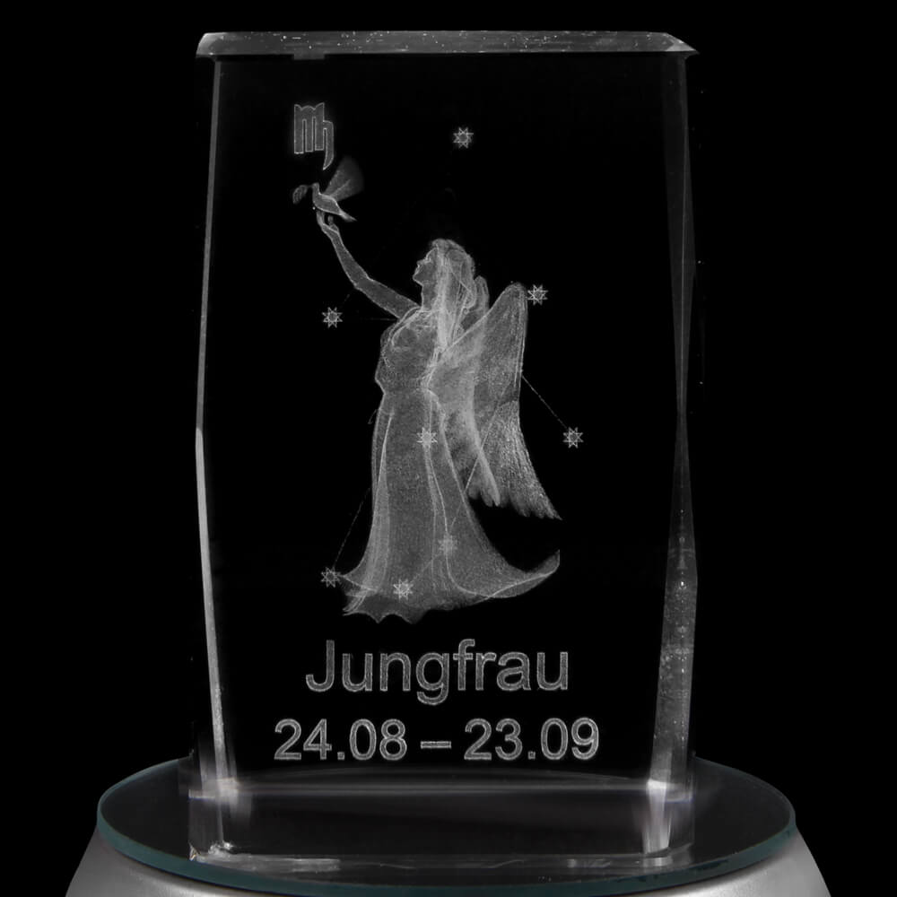 KQ-st06 Kristall Quader Motiv: Jungfrau Farbe: klar