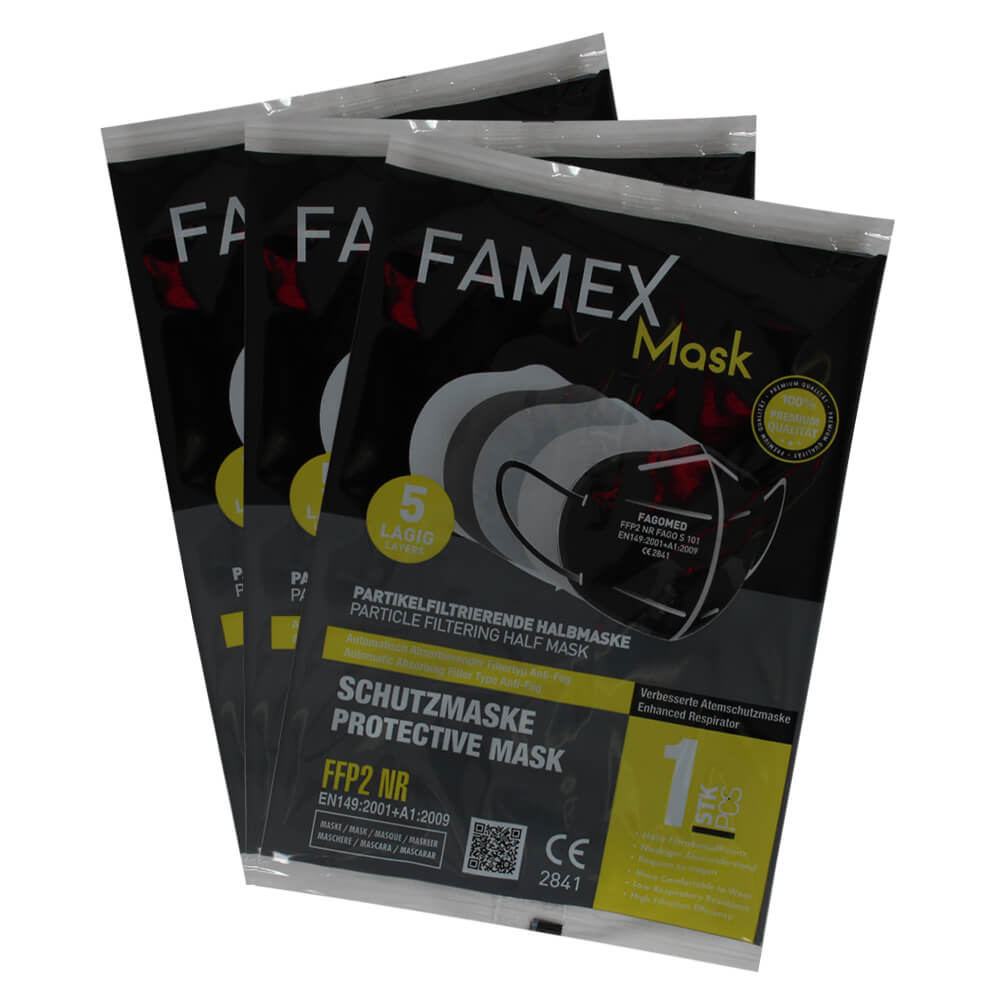 AM-030 Famex FFP2 Atemschutzmaske Mundschutz Atemmaske schwarz  10 Stück einzeln verpackt im Karton