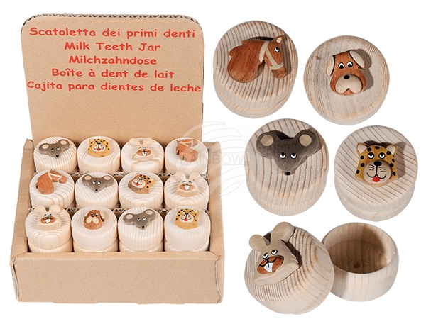 76-0992 Naturholz-Milchzahndose, Animals, ca. 3,5 x 3,5 cm, 5-fach sortiert, 12 Stück im Display, 5280/PAL