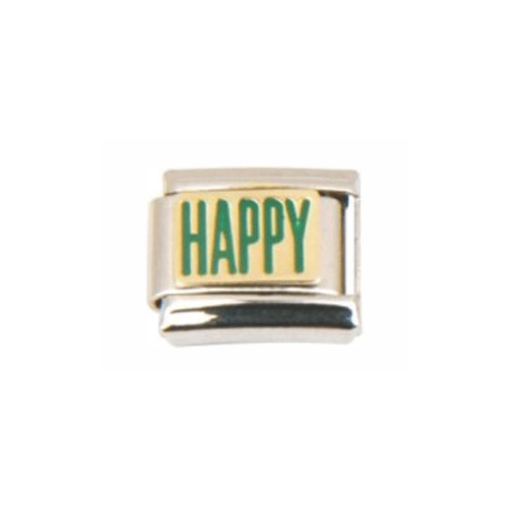 N-073 Italian Charm mit Motiv Schriftzug HAPPY Silber Gold Grün