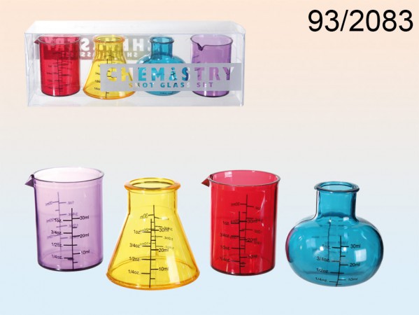 93-2083 Kunststoff-Shooter-Gläser, Chemistry, für ca. 50 ml, H: ca. 5 cm, 4er Set in PVC Box, 1008/PAL