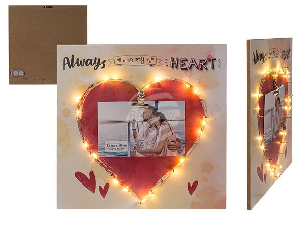 101489 Holz-Bild mit rotem Herz mit Clip-Halter & 18 LED (inkl. Batterien) Always in my heart, ca. 30 x 30 cm, in Geschenkpackung