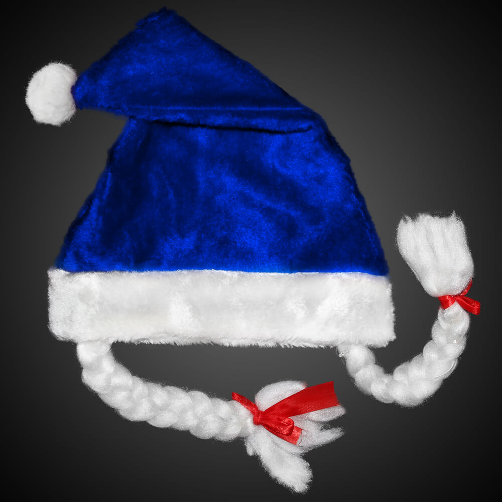 WM-09a Weihnachtsmütze blau Motiv:  Mit blinkenden Zöpfen  