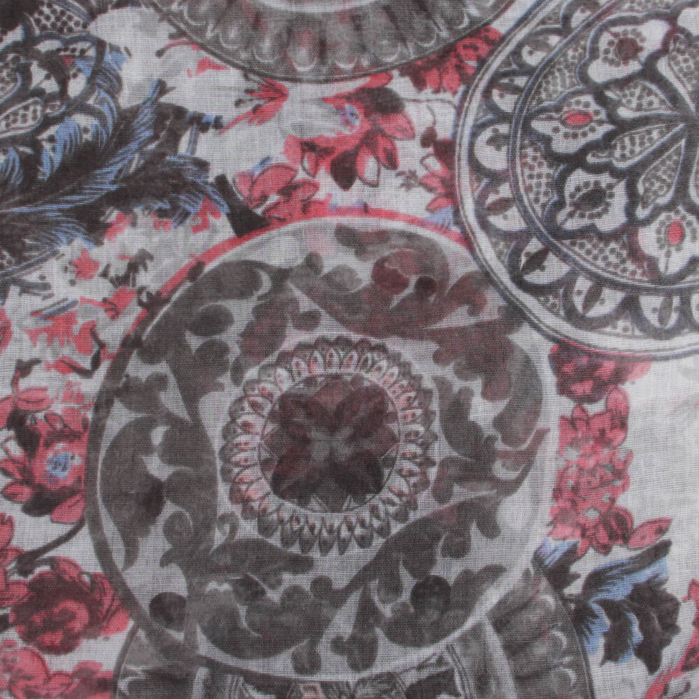 SCH-1514a Damen Loopschal Blumen & Mandala weiss rosa grau blau