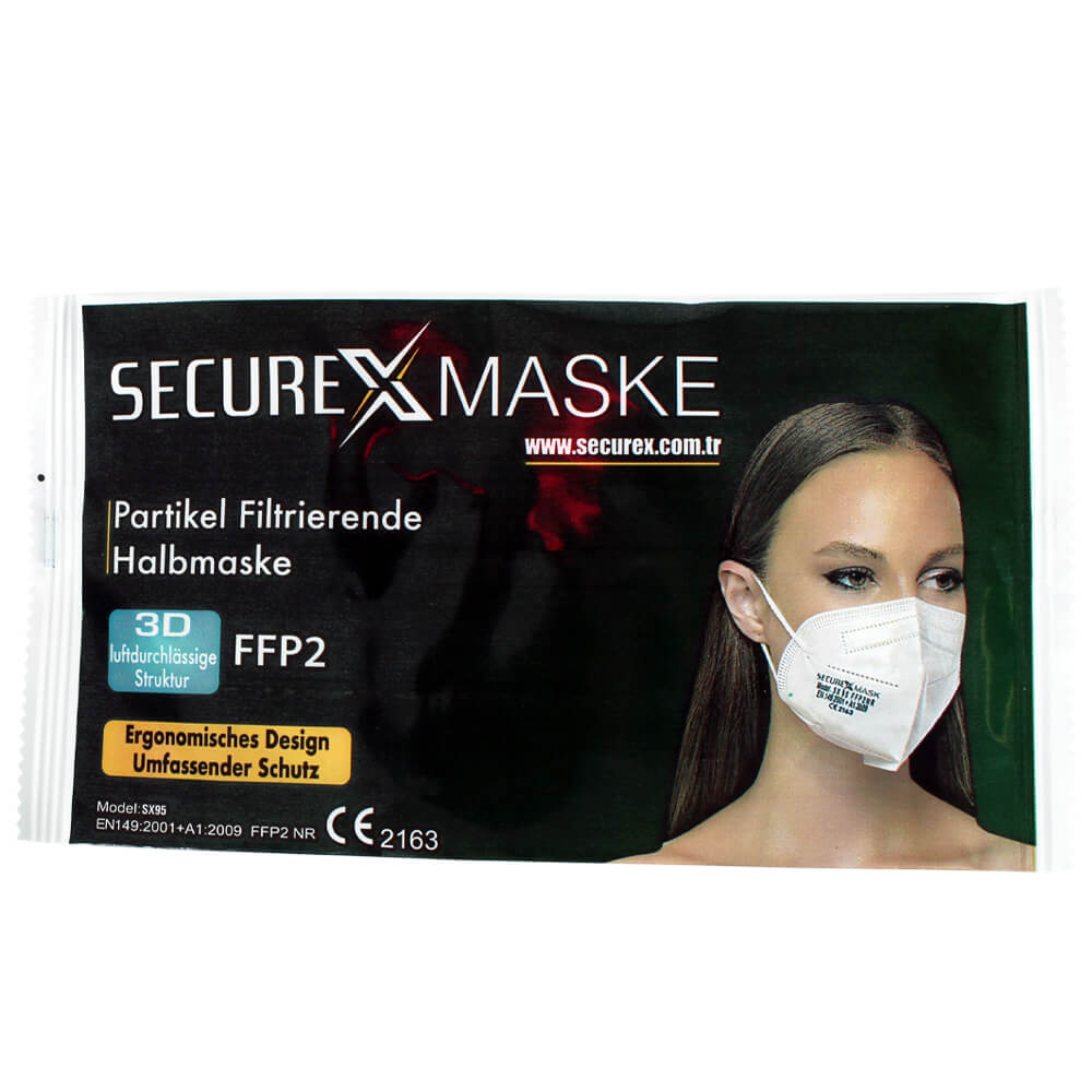 AM-027 FFP2 Maske Securex Atemschutzmaske Mundschutz Schutzmaske 50 Stück in einer Box, einzeln verpackt MHD 03/2023