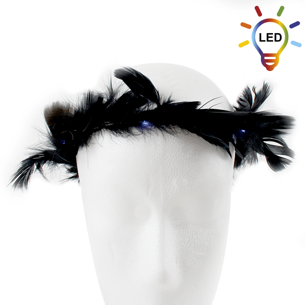 BK-54 LED Haarband Haarkranz mit schwarzen Federn und weiße LED Kette