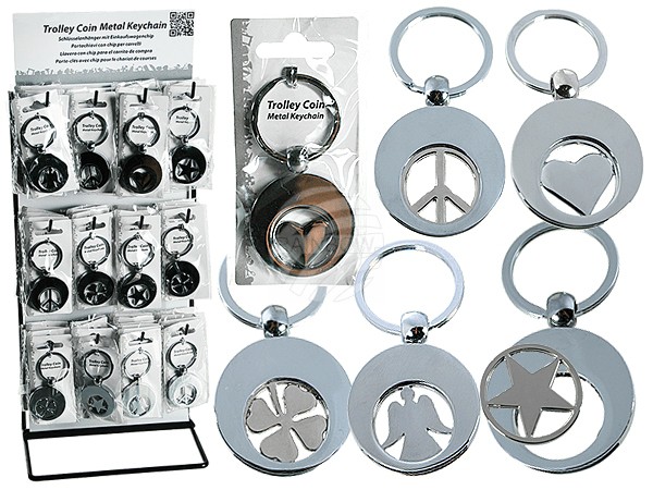 24-1028 Metall-Schlüsselanhänger mit Einkaufswagenchip, Symbol, ca. 3,5 cm, 5-fach sortiert, 60 Stück auf Display, 4560/PAL
