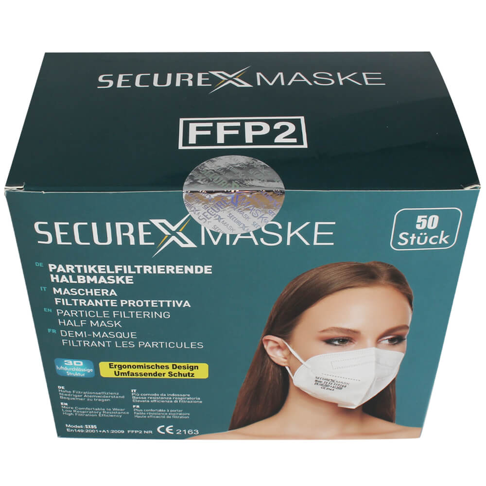AM-027 FFP2 Maske Securex Atemschutzmaske Mundschutz Schutzmaske 50 Stück in einer Box, einzeln verpackt MHD 03/2023