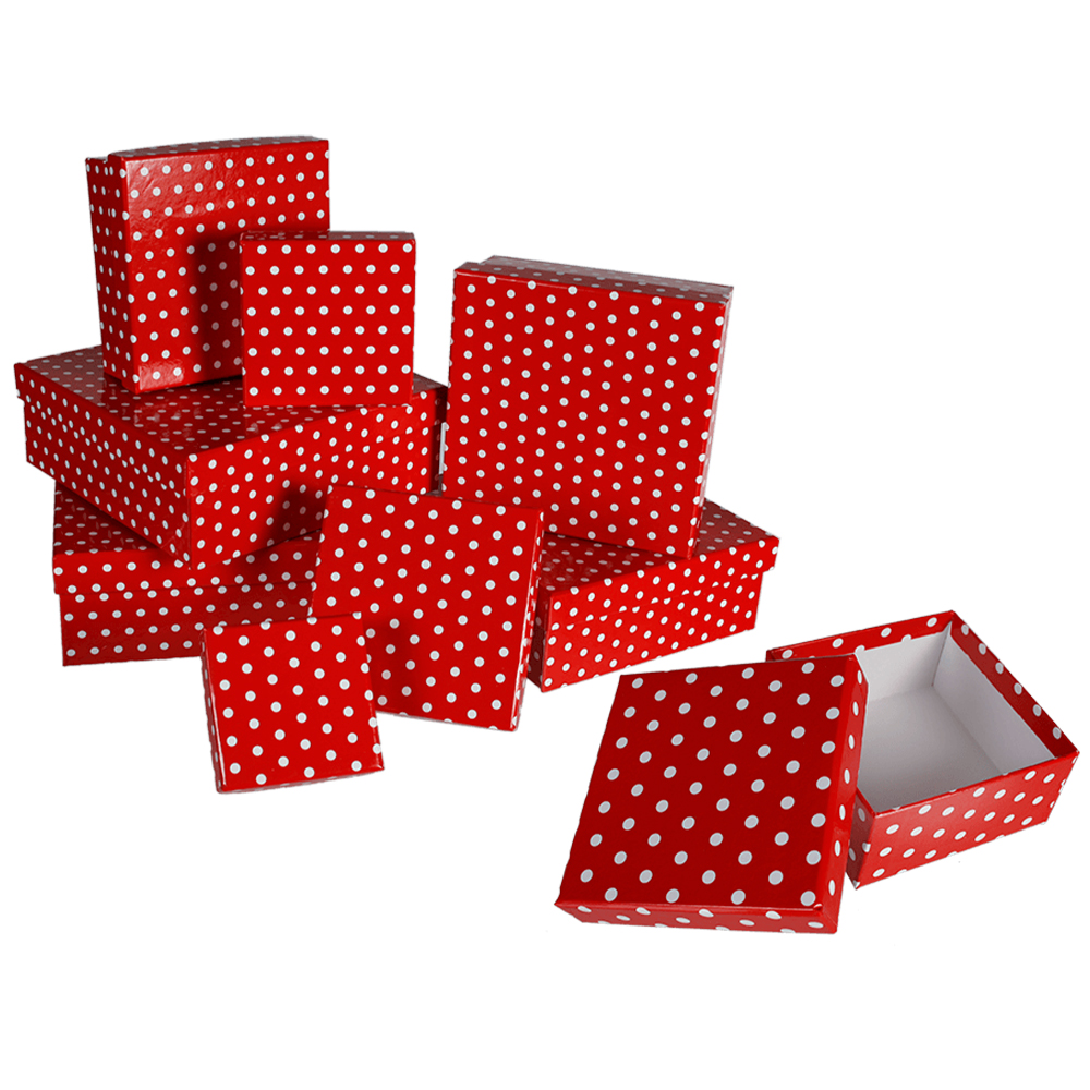 101630 Rote Geschenkkartonage mit weißen Punkten, ca. 22,5 x 22,5 x 8 cm, 8er Set, einzelne EAN-Auszeichnung, 216/PAL