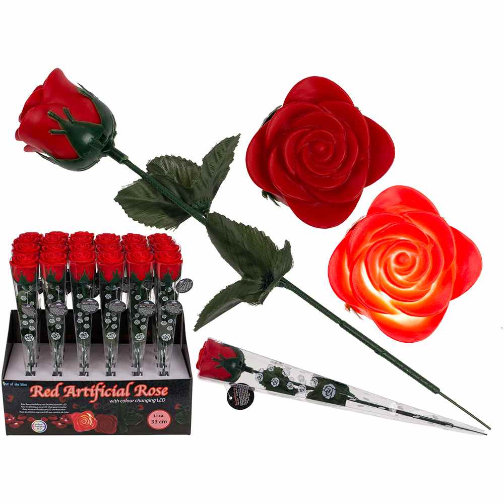 260018 Rote Kunststoff-Rose mit farbwechselnder LED (inkl. Batterie) ca. 33 x 4 cm, 24 Stück im Aufsteller, 1152/PAL