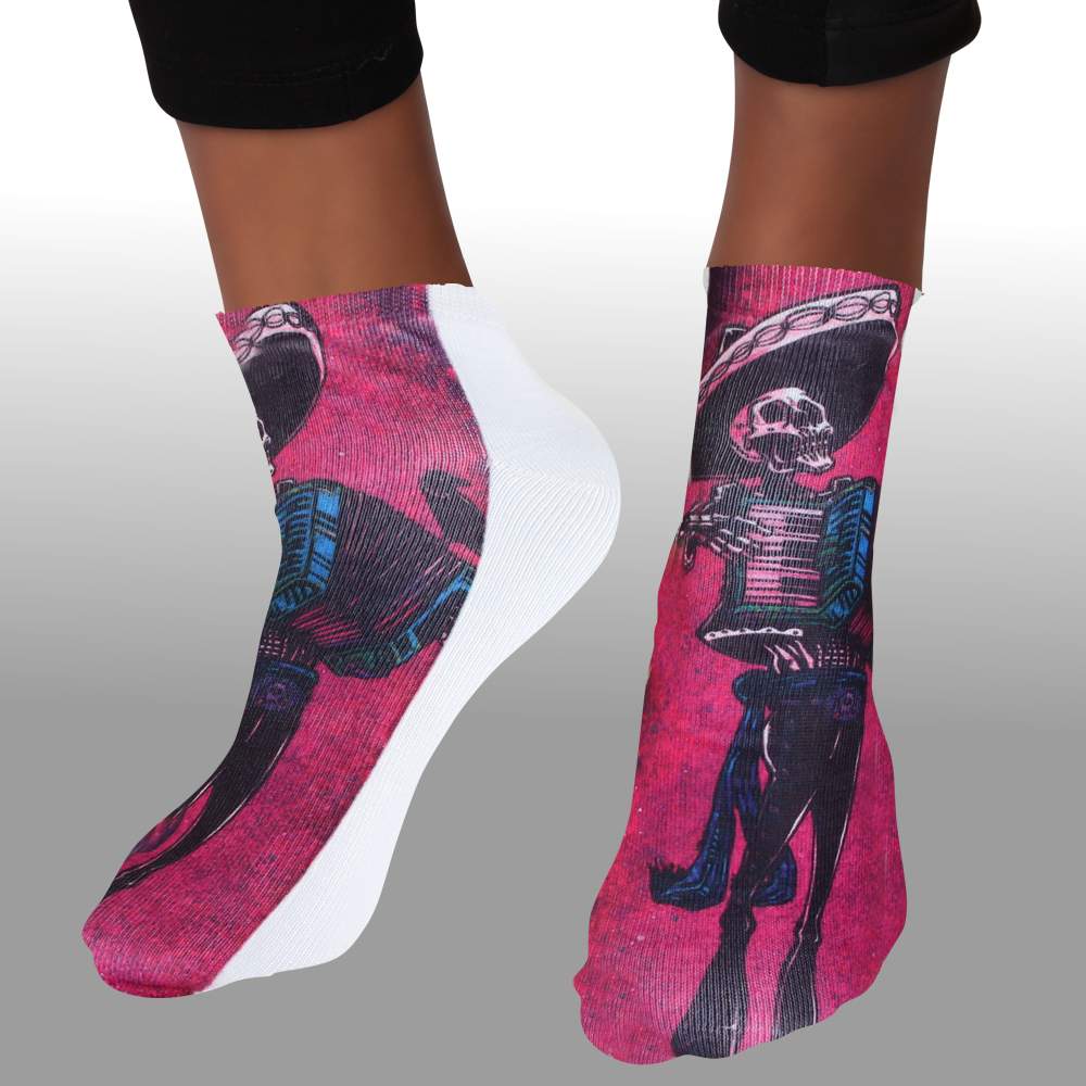 SO-L127  Motiv Socken rosa weiß Mexikanisches Skelett Akkordeon